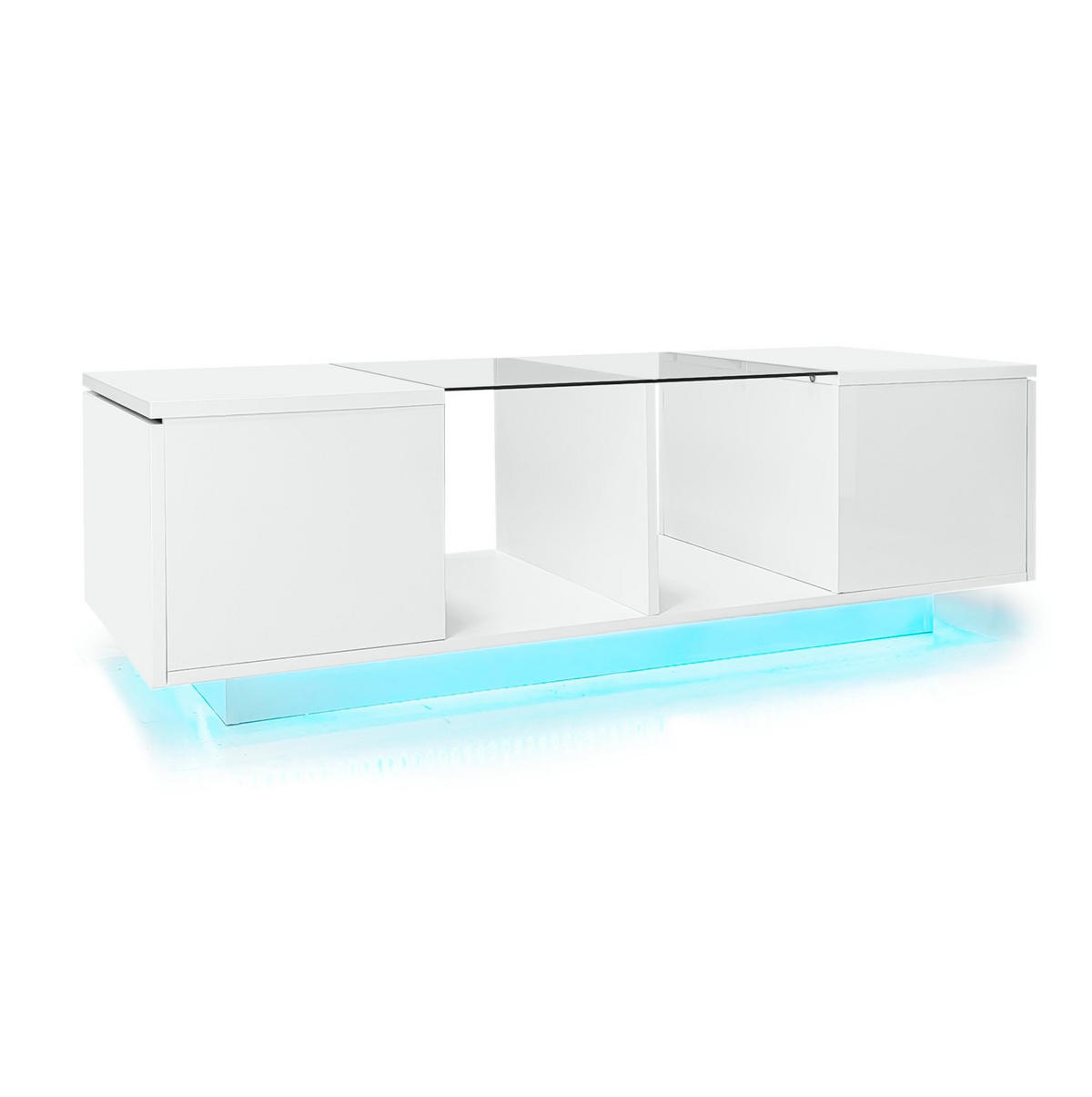 KONFERENČNÍ stolek ze skla a MDF, 120/50/38,5 cm bílý, s LED osvětlením a úložným prostorem - bílá, kompozitní dřevo (120/50/38.5cm) - BEAOK