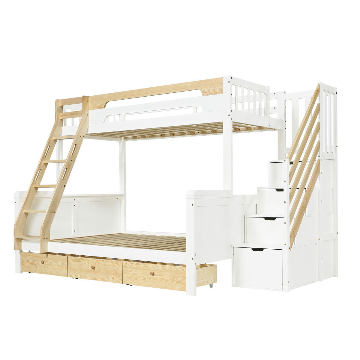 FAMILIEN-ETAGENBETT 90x200/140x200 cm in Weiß und Natur mit Stauraumtreppe - Weiß, Holz (90/200cm) - IVMEU