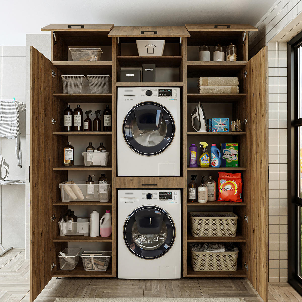 WASCHMASCHINENSCHRANK DUO-I 187cm Breit, 240cm Hoch - Eichefarben, Holzwerkstoff (187/240/67cm)