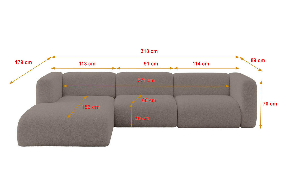 ECKSOFA Ottomane Links MIRA-L2 318x179x89 Braun Bouclé - Dunkelbraun/Schwarz, Holzwerkstoff/Kunststoff (318/179cm) - ALTDECOR