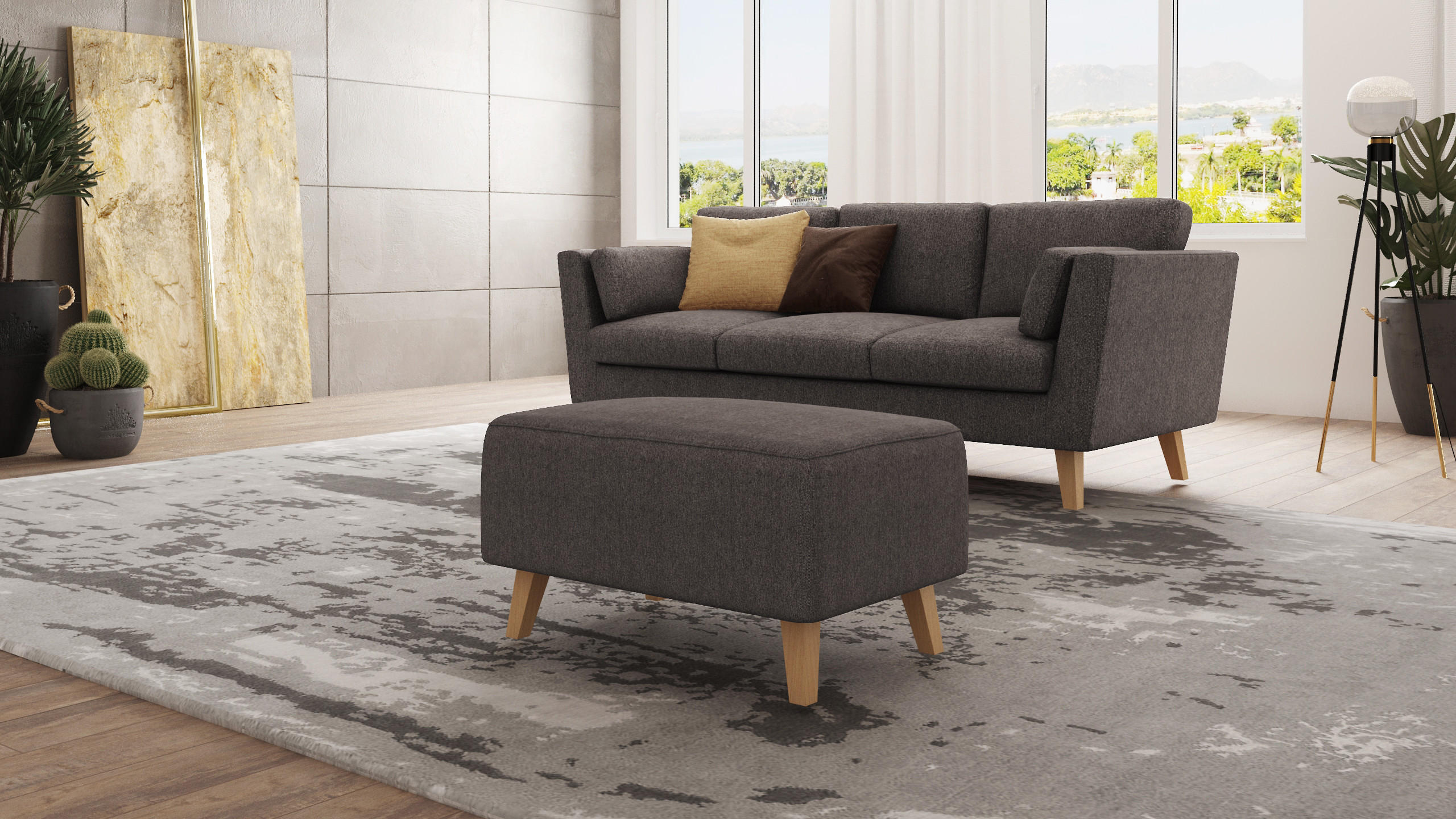 HOCKER Mario Braun - Khaki Microfaser - Naturfarben/Braun, Buchenholz/Textil (95/51/63cm) - S-Style Möbel