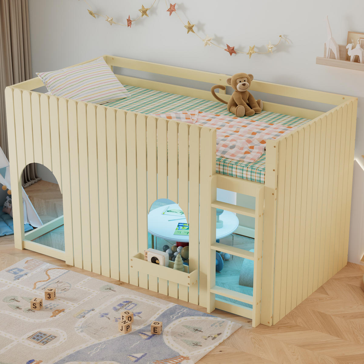 HOCHBETT 90/200 cm in Natur aus Kiefer und MDF mit LED, Leiter und Stauraum - Naturfarben, Holz/Holzwerkstoff (90/200cm) - WISHDOR