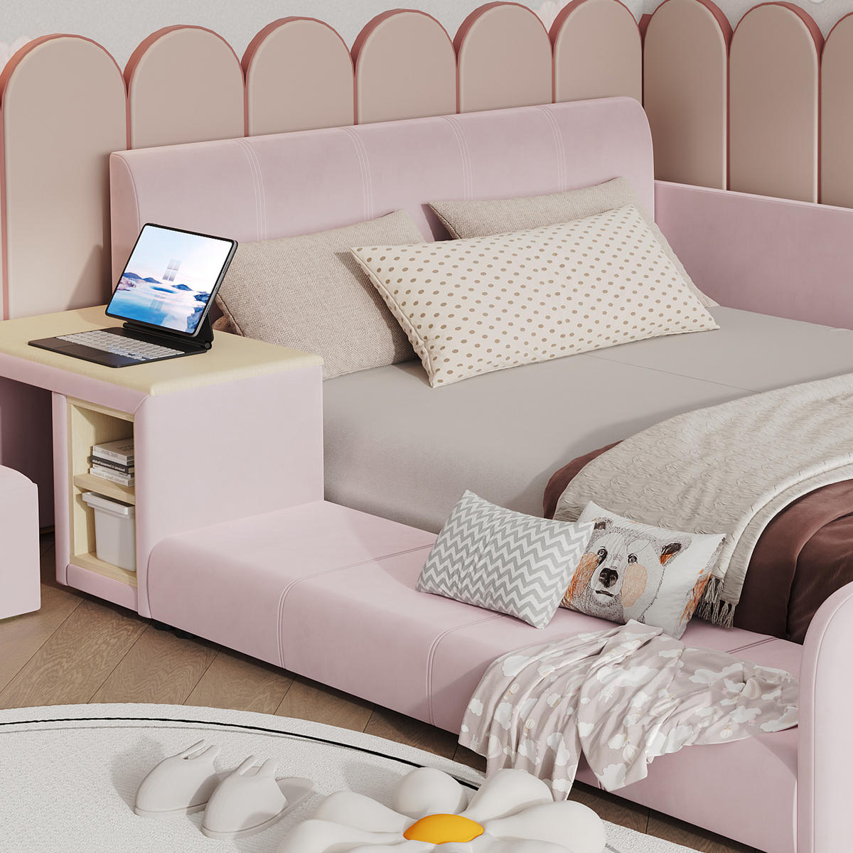 POLSTERBETT 90/200 cm in Pink mit Schreibtisch, Hocker und Ablageboden aus Samt - Rosa, Holzwerkstoff/Textil (90/200cm) - STILVORA
