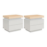 2ER-SET Nachttische mit 2 Schubladen & LEDs – MDF lackiert – Natur & Beige – HALO - Beige, Holz (55/50/40cm) - Vente-Unique