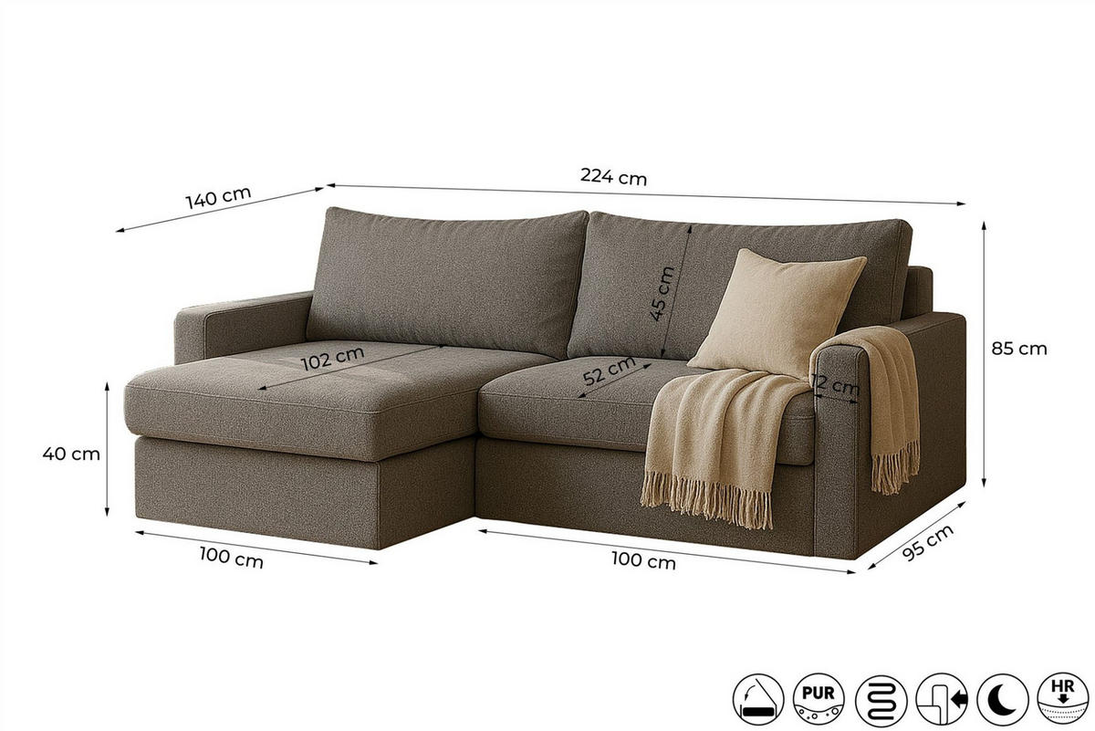 ECKSOFA Bendik In Poso - Grau, Holzwerkstoff/Textil (224/140cm) - Fun Möbel