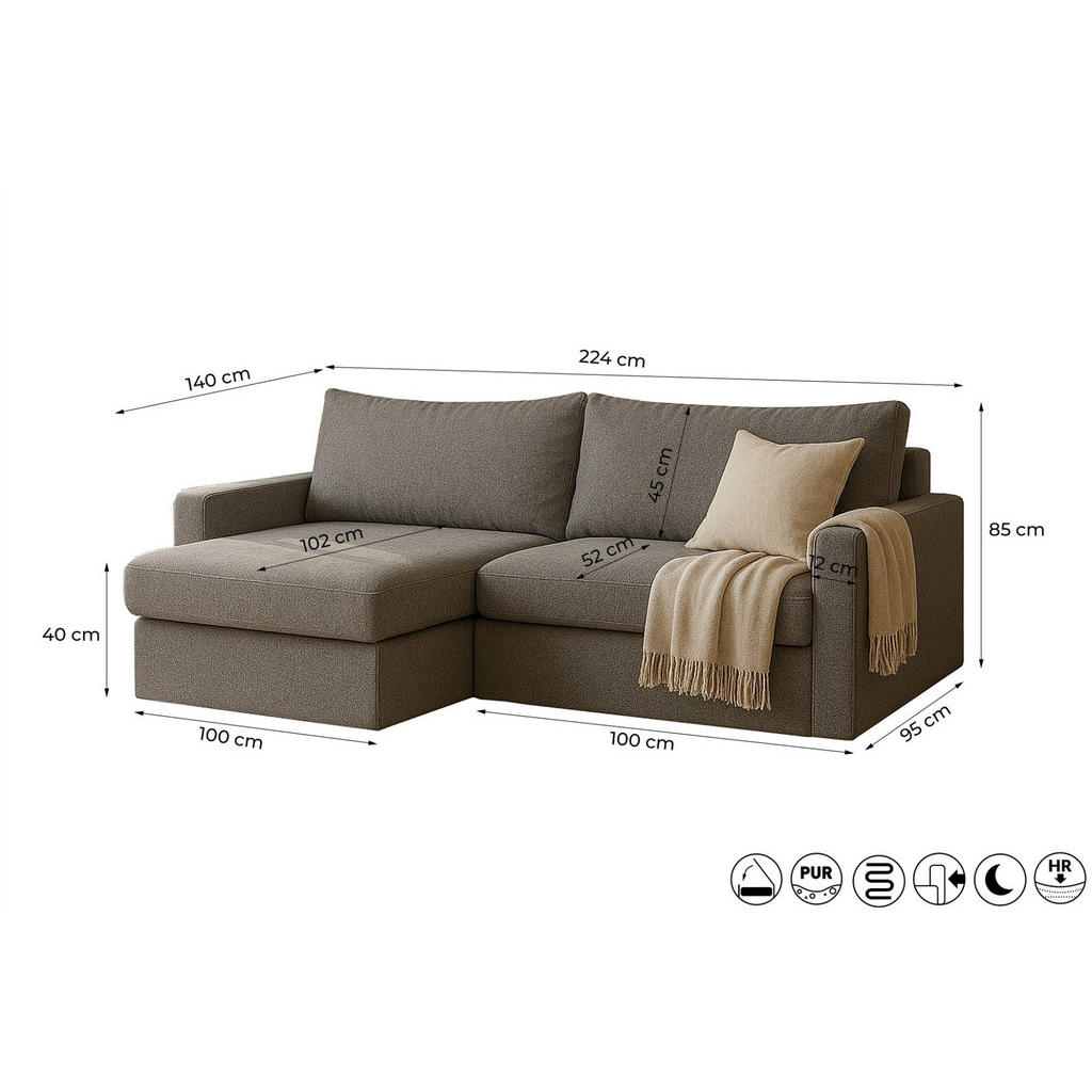 Thumbnail - Fun Möbel Ecksofa, Creme, Textil, Ottomane links, 224x140 cm, Wohnzimmer, Sofas & Couches, Wohnlandschaften, Ecksofas