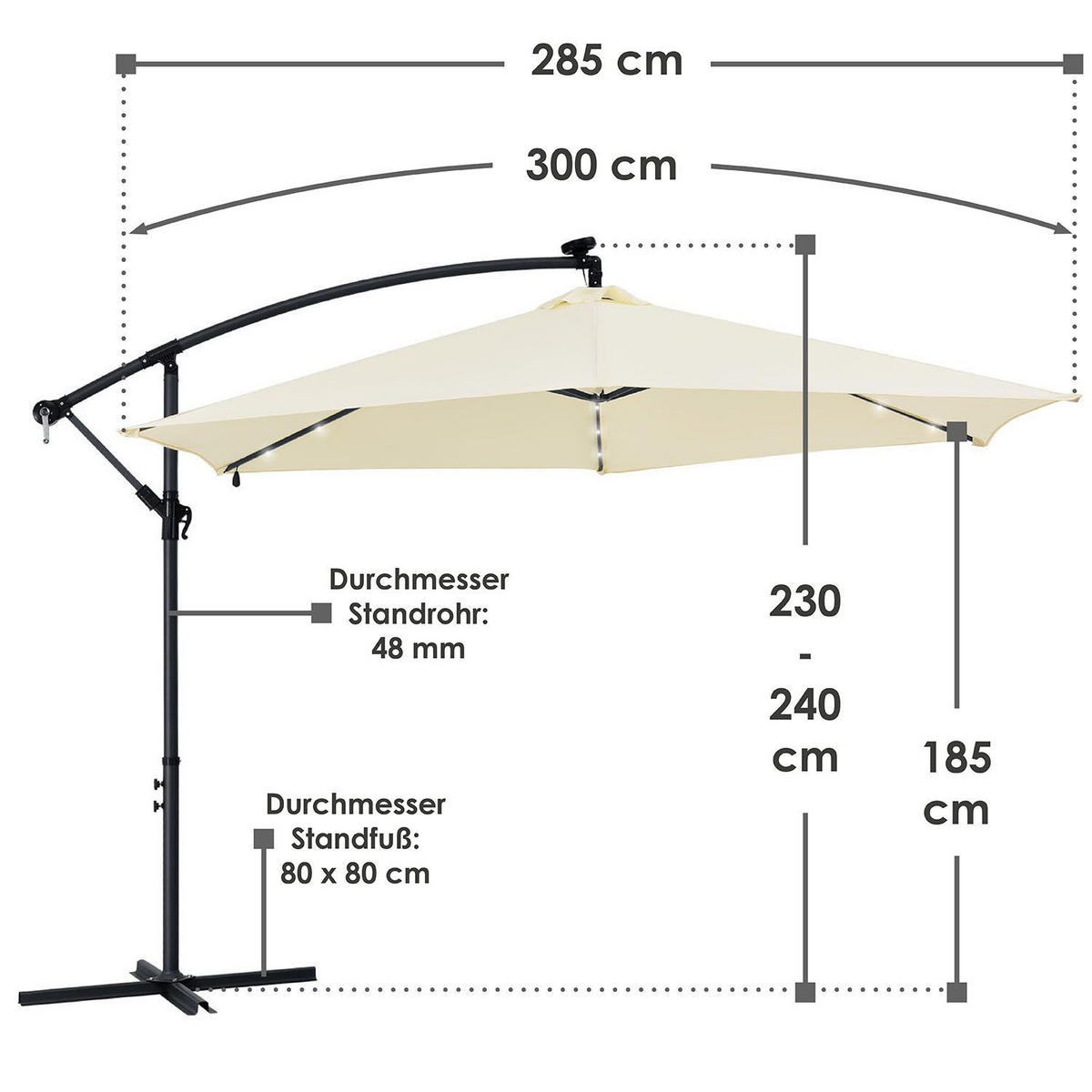 AMPELSCHIRM Brazil dunkelgrau/creme 3m mit LED, Kurbel und Standfuß - Creme, Metall (285/285cm) - Juskys