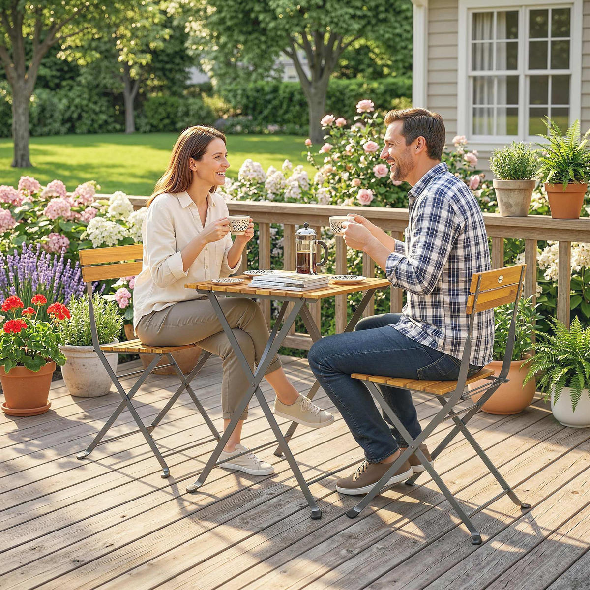 BISTROTISCH-MIT-2-STÜHLEN 3er Set Akazienholz Stahl Teak - Schwarz/Teakfarben, Metall - Outsunny