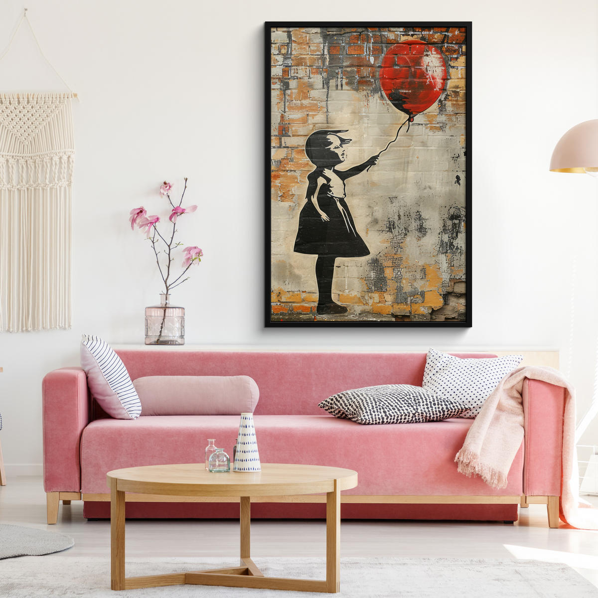 GERAHMTES BILD Graffiti - Banksy - Mädchen - Straßenkunst 80x120 cm - Sandfarben, Papier (80/120cm) - MuchoWow