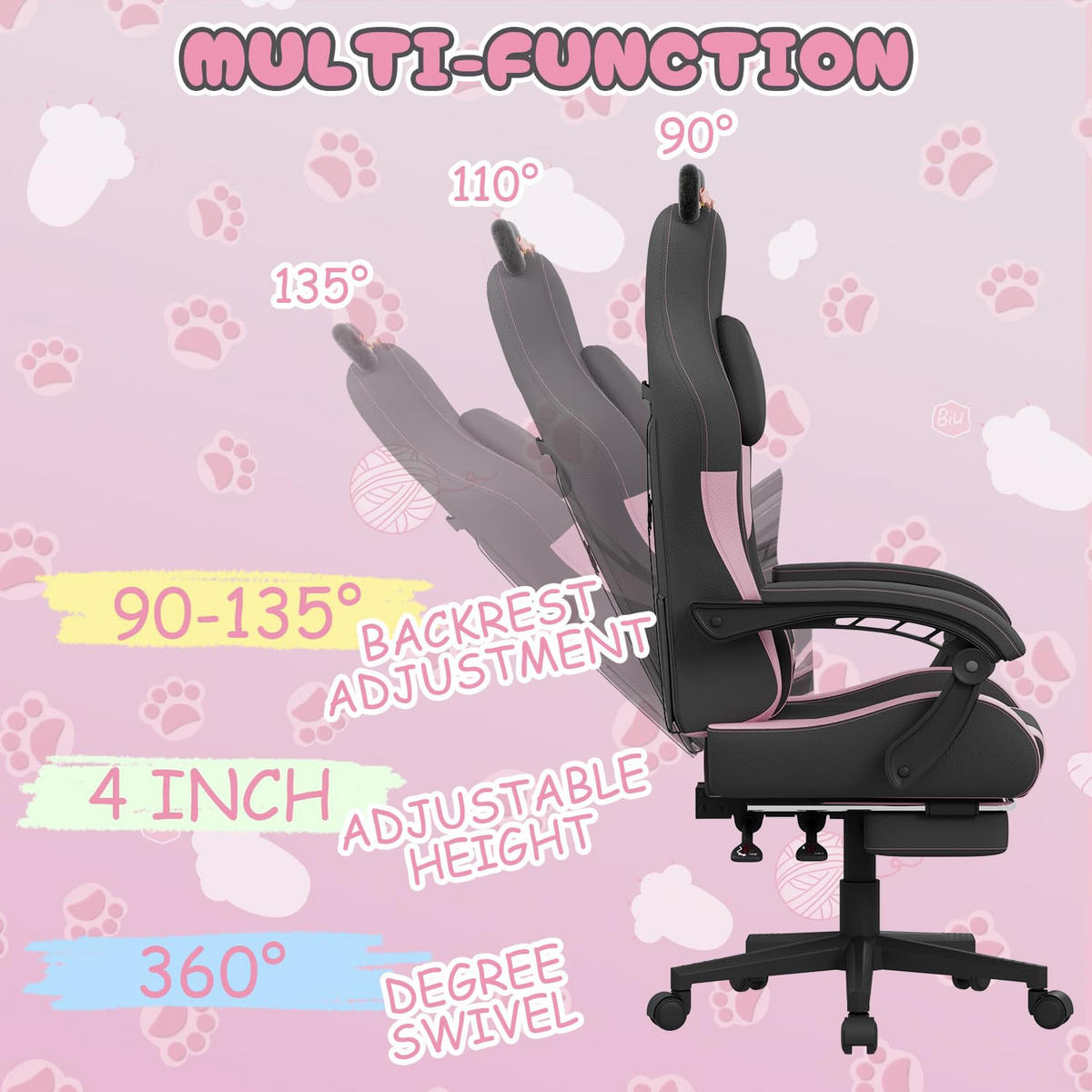 GAMING-STUHL Katzenohren, Massage, Fußstütze – Rosa/Schwarz - Schwarz, Leder (59/120/56cm) - Rattantree