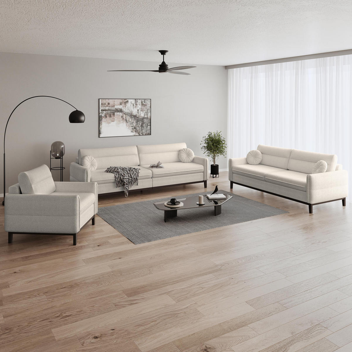 SITZGARNITUR Belweder, zwei Sofas+Sessel, Beige, Bouclé - Wengefarben/Beige, Holz/Textil (268/95/94cm) - Beautysofa