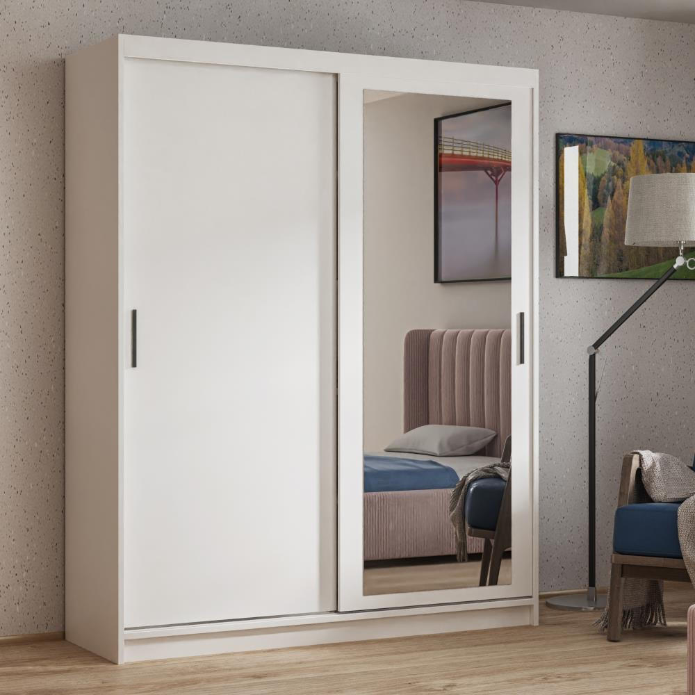 SCHWEBETÜRENSCHRANK Hela 180/205/60 2-türig weiß mit Spiegel - Weiß, Holzwerkstoff (180/205/60cm) - Beautysofa