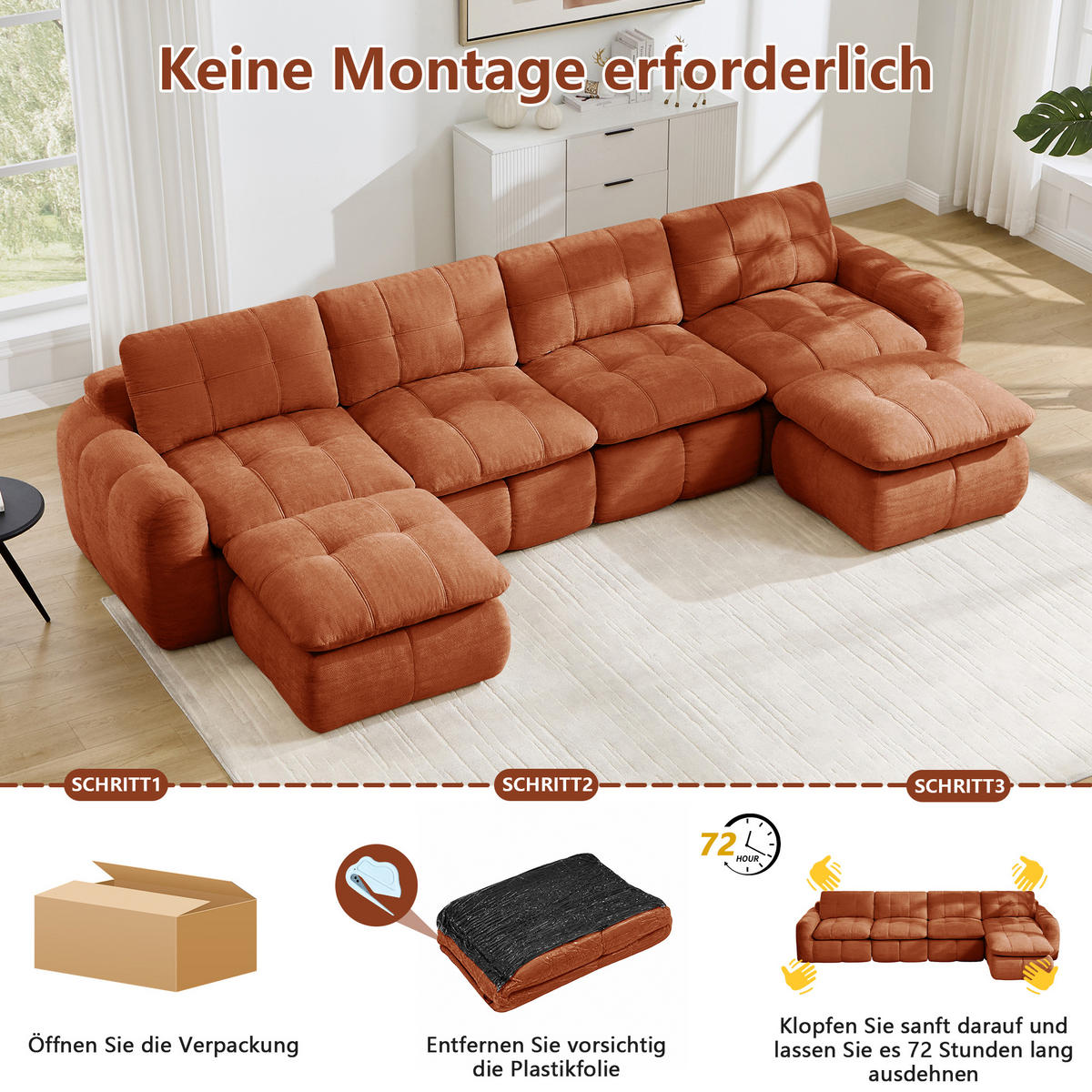 WOHNLANDSCHAFT DE-34464 U-Form mit 2 Ottomanen und Karostepp Orange - Orange, Textil (160/68.5/334cm) - ComfortXL