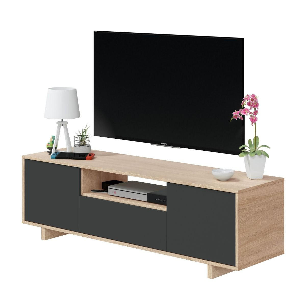 TV-MÖBEL 3 Türen + 1 Aufbewahrungsnische Zaira - L150 cm - Eiche Artisan/Grau, Holzwerkstoff (41/46/150cm) - Calicosy