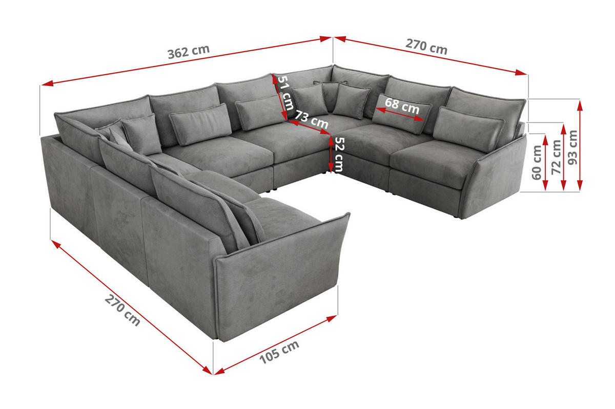WOHNLANDSCHAFT VERSO U 8M Hellgrau Velvet - Hellgrau/Schwarz, Kunststoff/Textil (362/93/270cm) - MKS