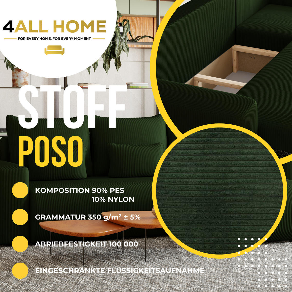 ECKSOFA Travis mit Bettkasten und Schlaffunktion, L-Form, Cord, Universal - Dunkelgrün, Holzwerkstoff (248/148cm) - 4ALL HOME