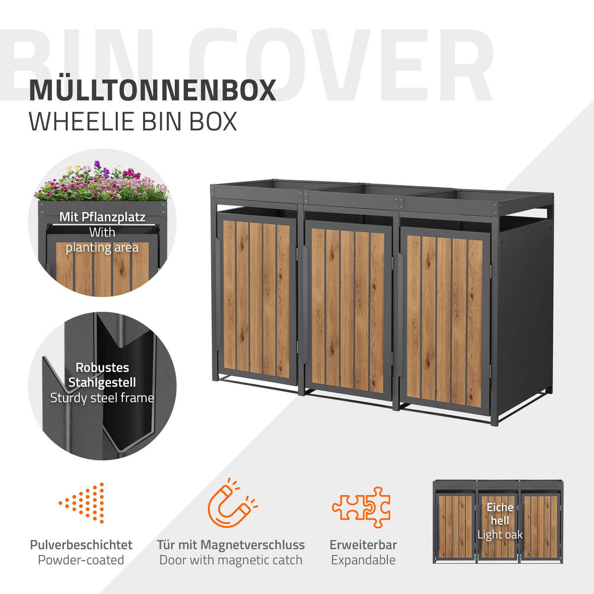 MÜLLTONNENBOX 3er mit Pflanzdach 240L Anthrazit-Holzoptik aus Stahl - Hellbraun, Metall (80/124/196cm) - ML-DESIGN