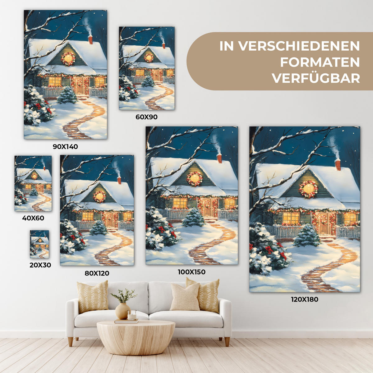 LEINWANDBILD Weihnachten - Weihnachtsbaum - Winter - Zuhause - Schnee 90x140 cm - Smaragdgrün, Textil (90/140cm) - MuchoWow