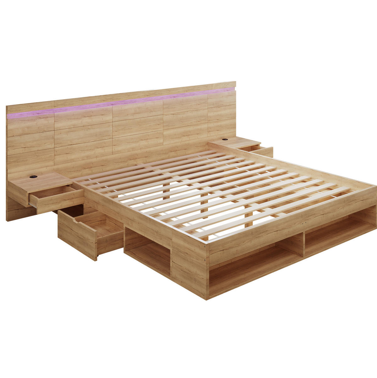 MANŽELSKÁ posteľ z MDF 180x200 cm prírodná s LED osvetlením, USB a USB-C nabíjaním, úložným priestorom - prírodná farba, kompozitné drevo (180/200cm) - Modfu