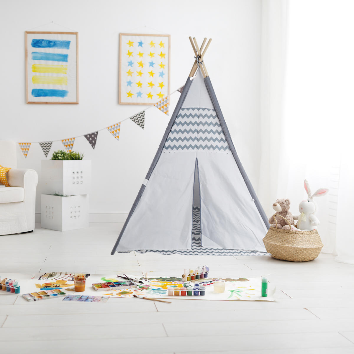 TIPIZELT - Grau, Holz/Textil (120/120cm) - Relaxdays