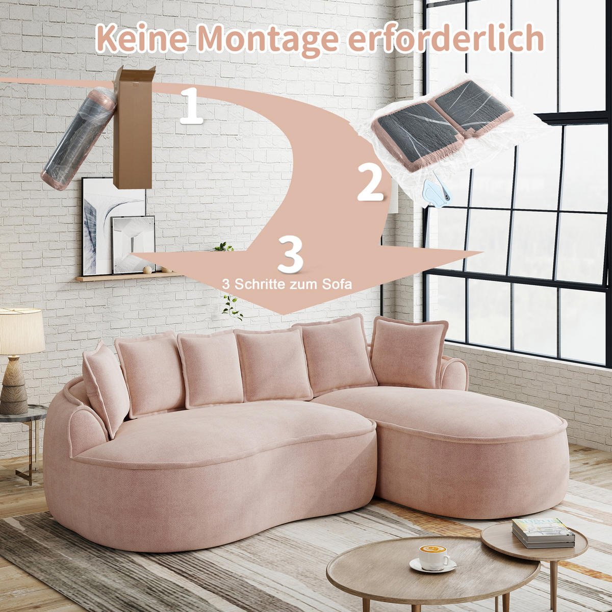 3-SITZER Sofa 252×164×67 cm aus Chenille-Stoff rahmenlos montagefrei, rosa - Rosa, Textil (164/67/252cm)