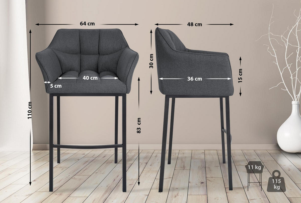 BARHOCKER Filz Grau - Schwarz/Grau, Textil/Metall (64/110/48cm) - CLP