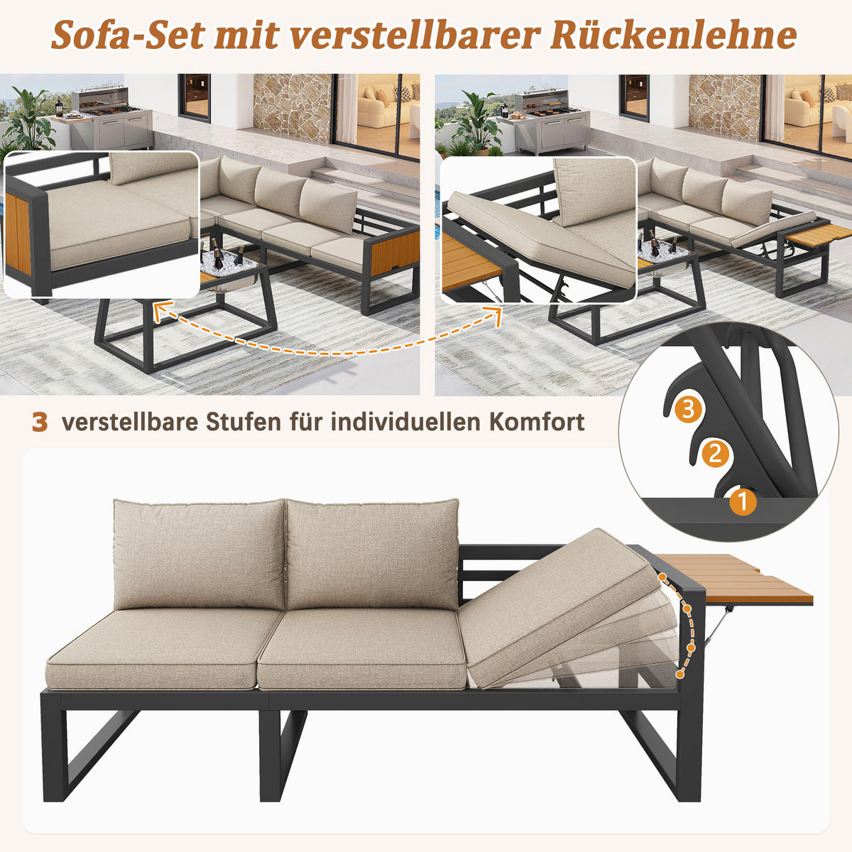 GARTENLOUNGE Grau Beige modular verstellbar Metall Eisbehälter Kissen - Beige, Metall - FLIEKS