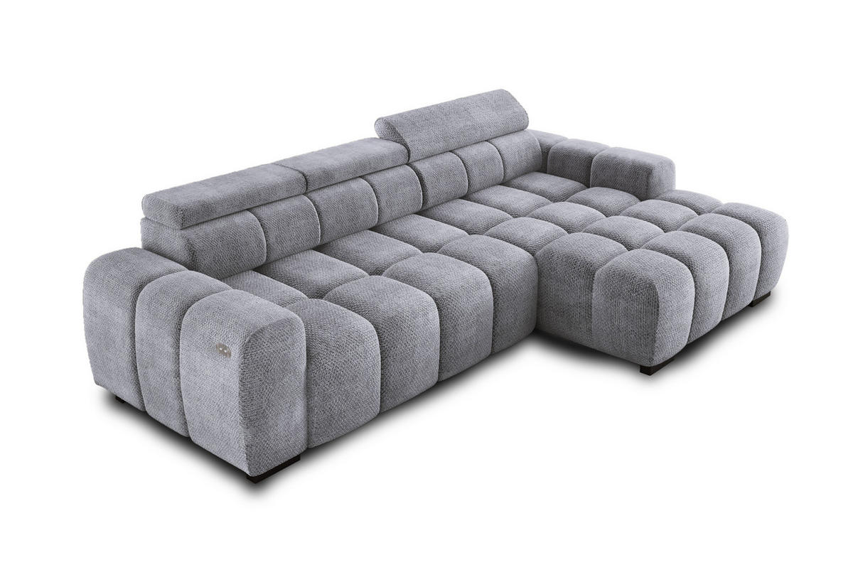 ECKSOFA OMBO 285x168x77/97 cm, Rechts, Schlaffunktion, elektr. Sitz, Kopfstützen, hydrophober EDEN-Stoff – Silber - Silberfarben, Holz/Textil (285/168cm) - DomoHome