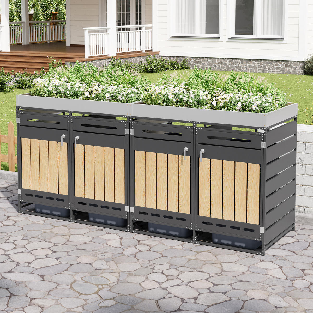 MÜLLTONNENBOX 4er Set Pflanzkasten Holzoptik Schloss - Schwarz, Metall (262/120/79cm) - LEBENLANG