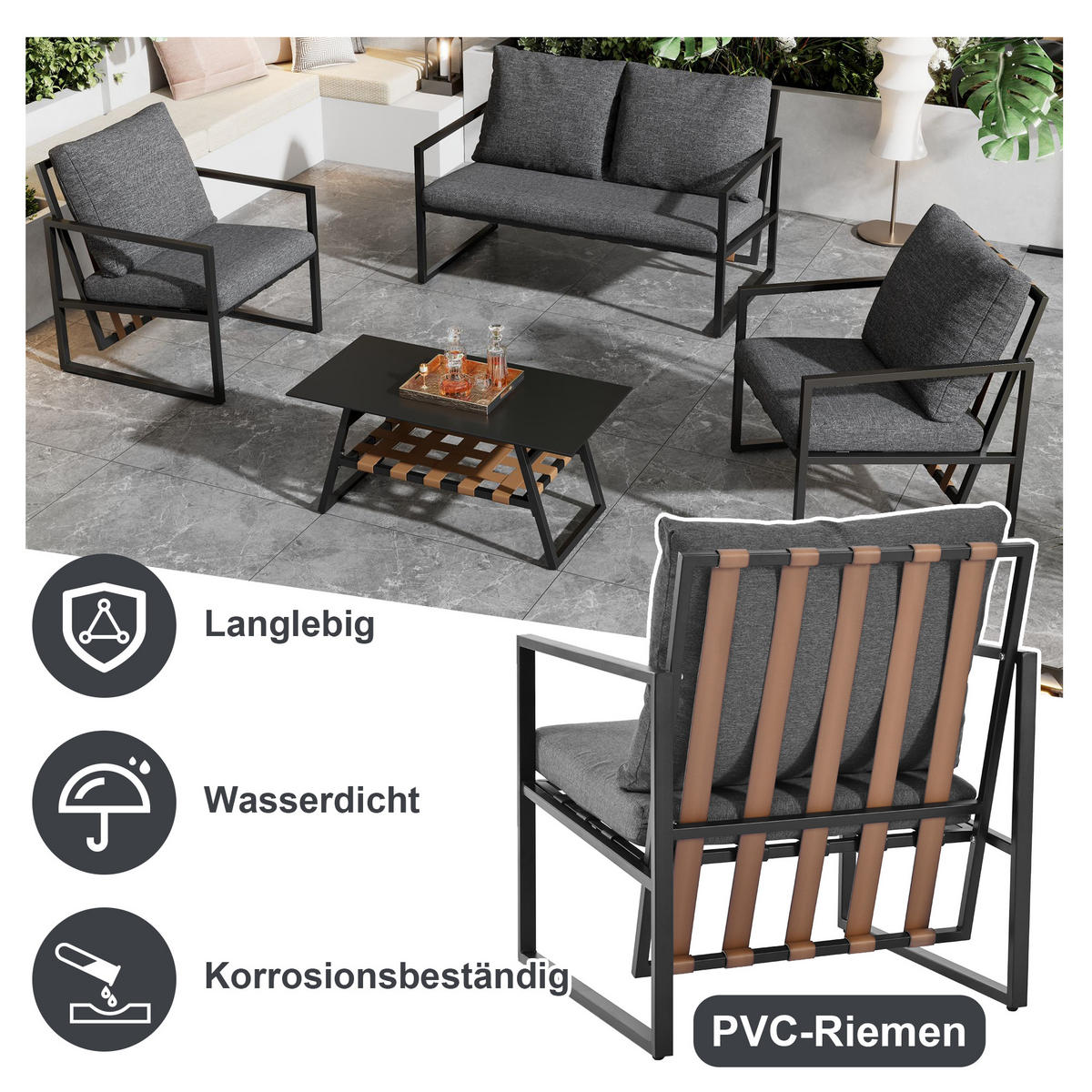 LOUNGESET 4 Personen Schwarz Mit Abnehmbarem Bezug - Schwarz, Kunststoff - FLIEKS