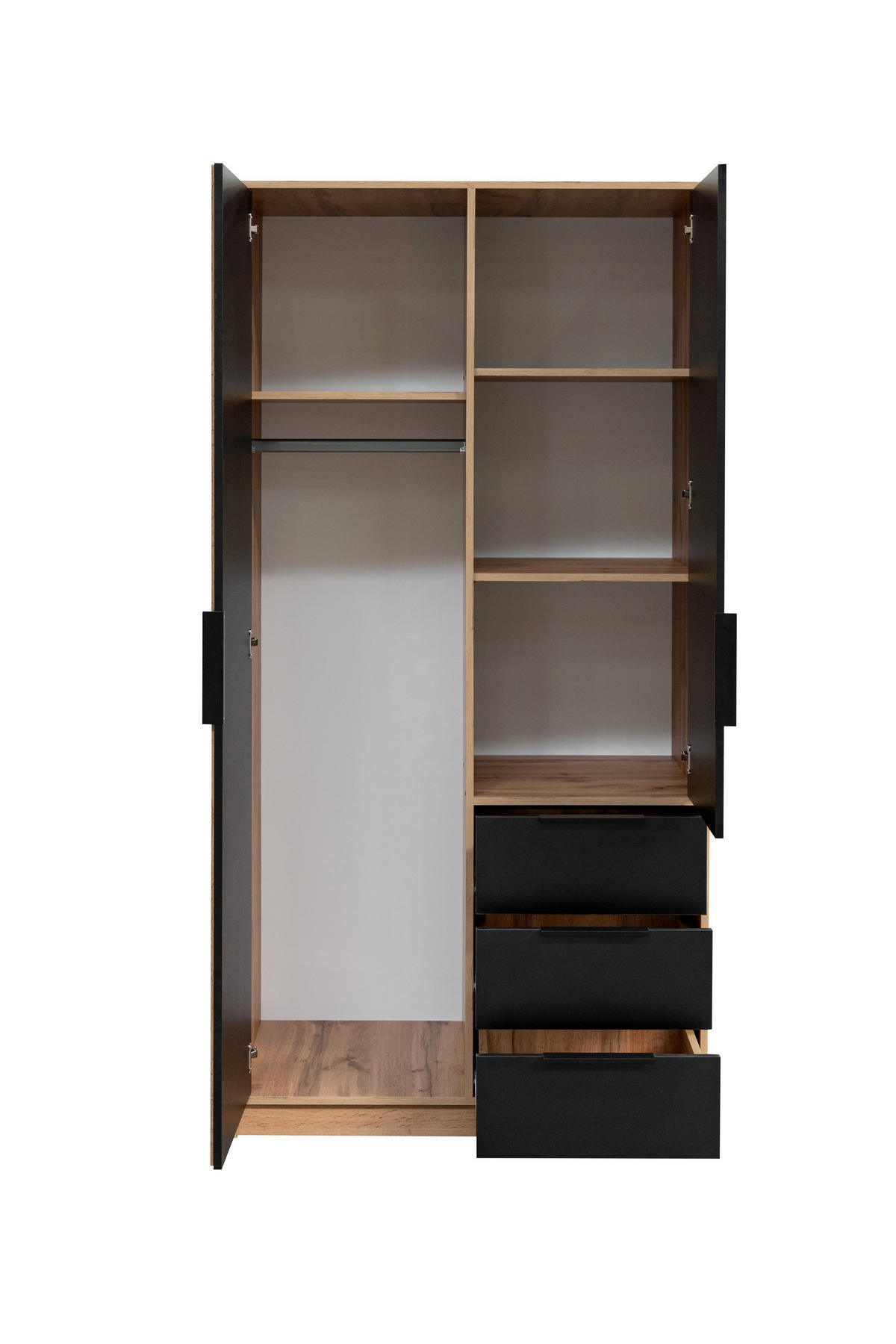 DREHTÜRENSCHRANK GAREN 100/200/57,5 cm 2-türig mit Spiegel Eiche Wotan - Eiche Wotan/Schwarz, Holzwerkstoff (100/200/57.5cm) - MASSENO