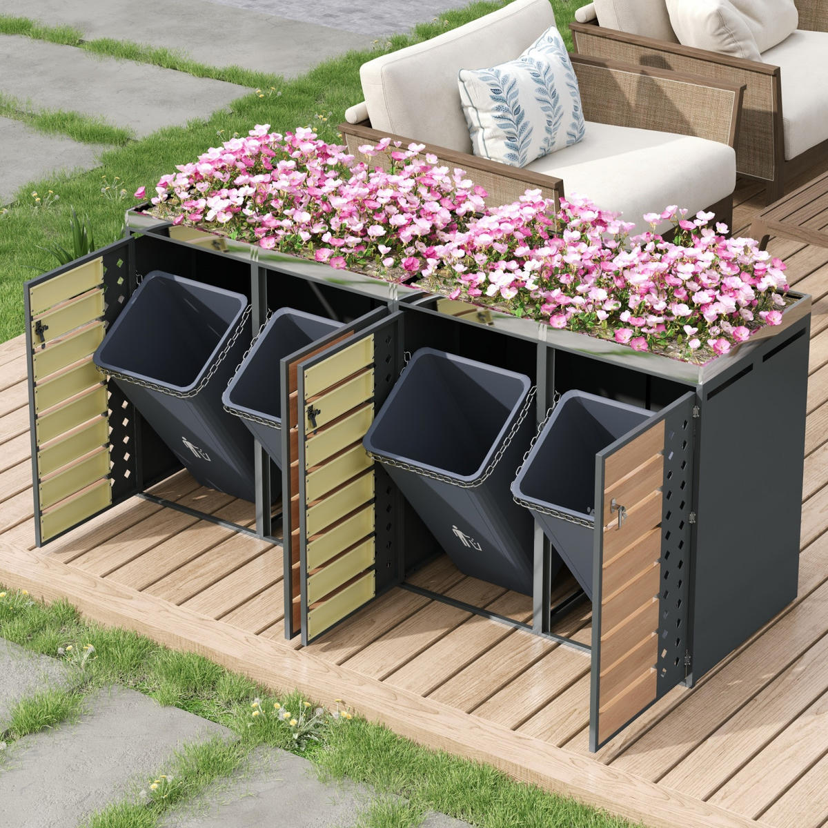 MÜLLTONNENBOX Mit Pflanzkasten 4 Fächern Abschließbar Holzoptik Belüftet Verzinkter Stahl - Grau, Metall (264/124/80cm) - PARAFTA HOME
