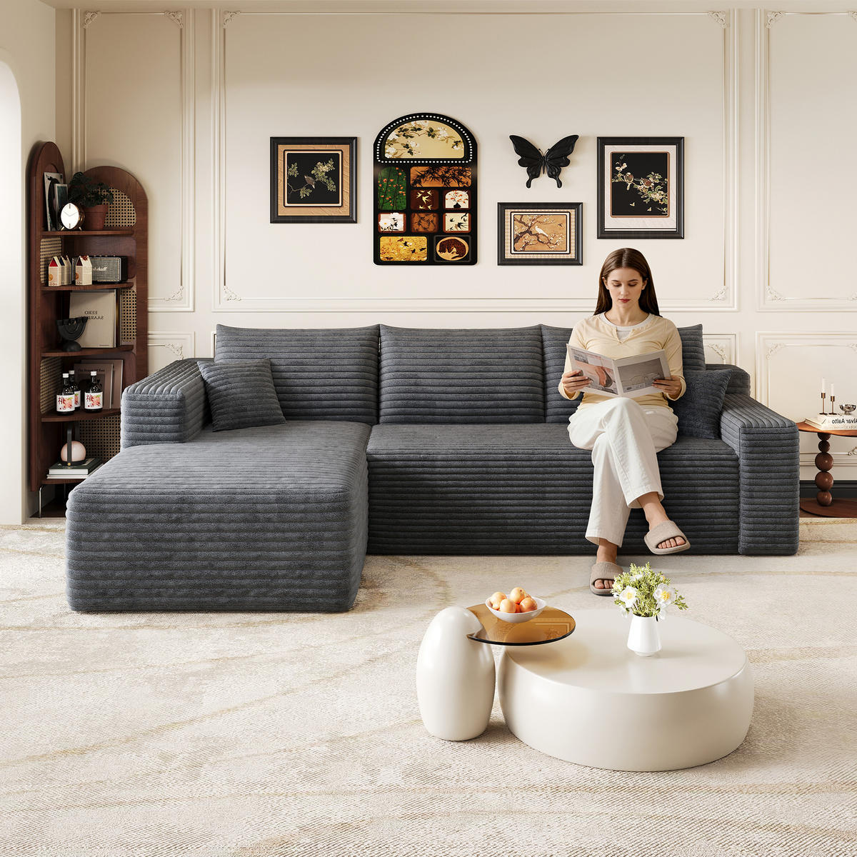 ECKSOFA Cord Dunkelgrau ohne Montage - Grau, Textil (241/151cm) - WISHDOR