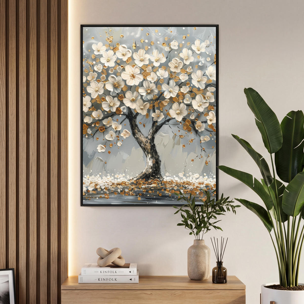 LEINWAND Bilder mit Rahmen - Baum - Blumen - Weiß - Natur - Kunst - 70x100 - Weiß, Textil (70/100cm) - MuchoWow