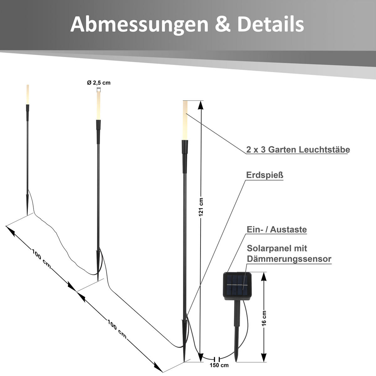 LED-GARTENSTECKER 6er-Set Solarleuchten warmweiß schwarz 121 cm Metall Acryl wetterfest mit Dämmerungssensor Außenbeleuchtung - Schwarz, Kunststoff (3/3/121cm) - Northpoint