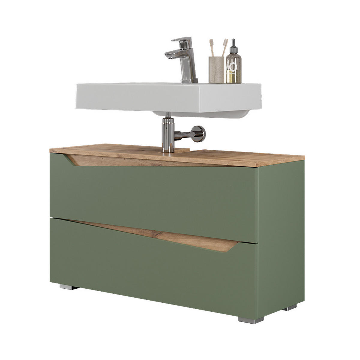 WASCHBECKENUNTERSCHRANK Marelle, Grün/Artisan-Eiche, 100 x 57.5 cm mit 2 Schubladen - Eiche Artisan/Grün, Holzwerkstoff (100/57.5/35cm) - Vicco