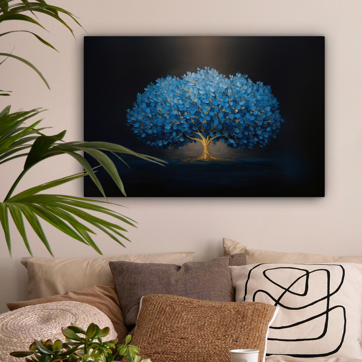 LEINWANDBILD Baum - Blau - Blätter - Pinselstriche Wanddeko 90x60 cm - Blau, Textil (90/60cm) - MuchoWow