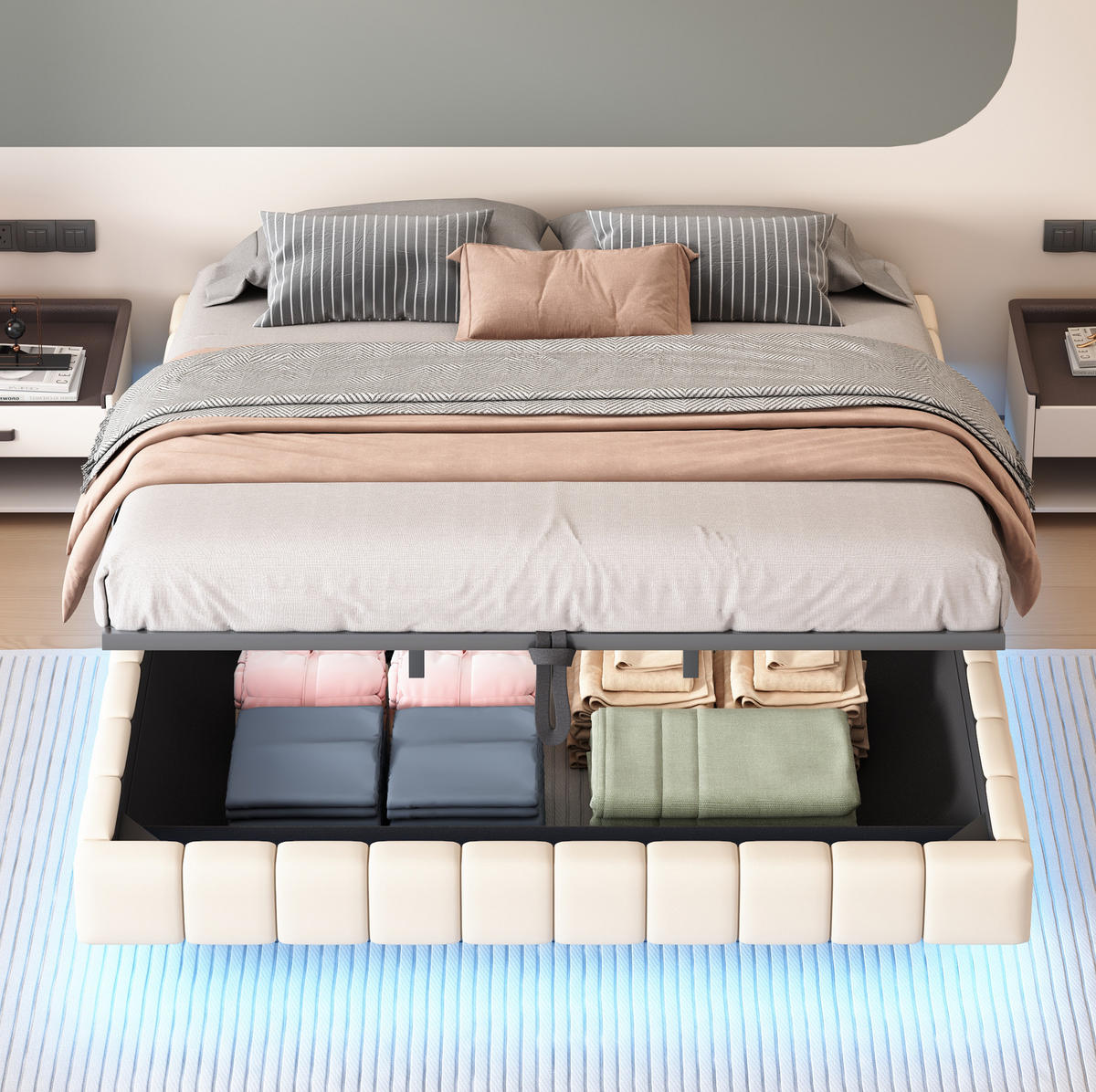 ČALÚNENÁ posteľ z látky 180x200 cm béžová s LED osvetlením, úložným priestorom a bez čela - béžová, textil (180/200cm) - Modfu