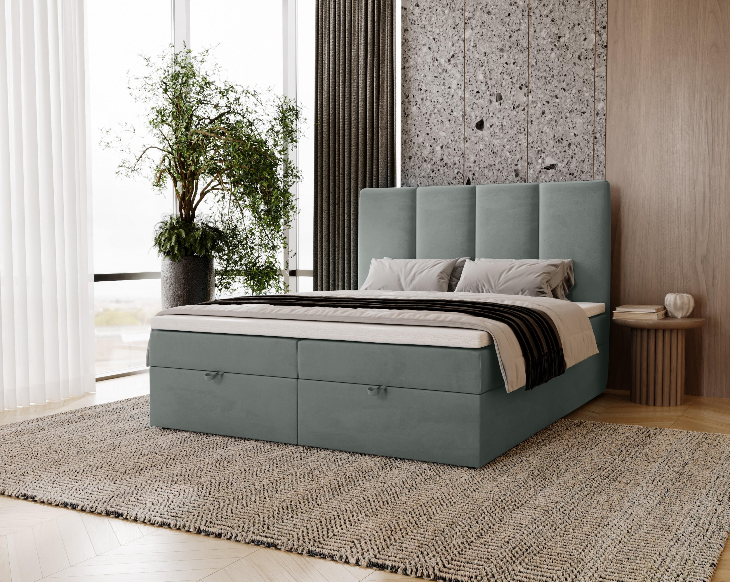 BOXBETT Malmo mit 2 Bettkästen, 120x200, Grau, Velourstoff, Doppelbett mit Bonell-Matratze - Grau, Holz/Kunststoff (120/200cm) - Marpur