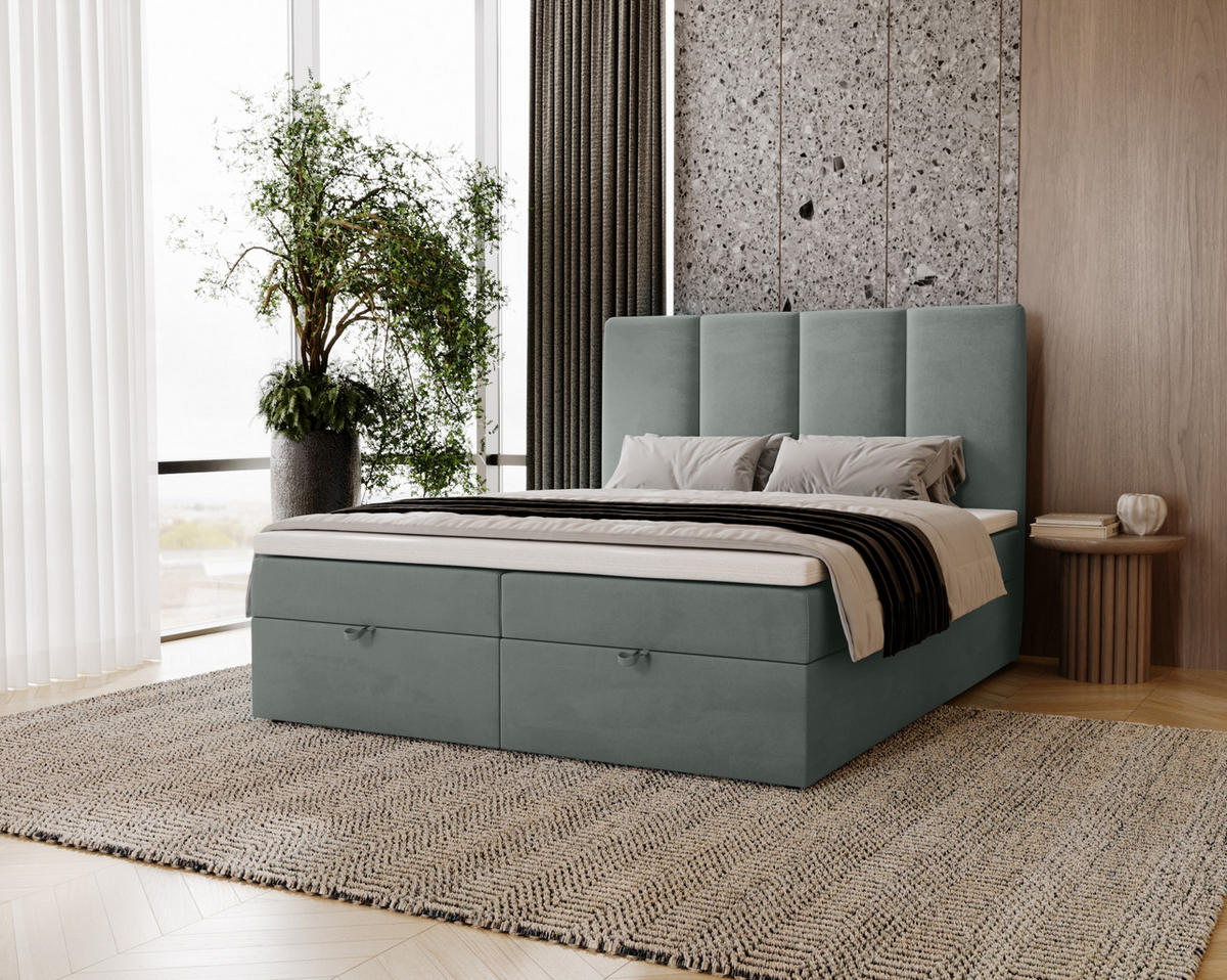 BOXBETT Malmo mit 2 Bettkästen, 200x200, Grau, Velourstoff, Doppelbett mit Bonell-Matratze - Grau, Holz/Kunststoff (200/200cm) - Marpur