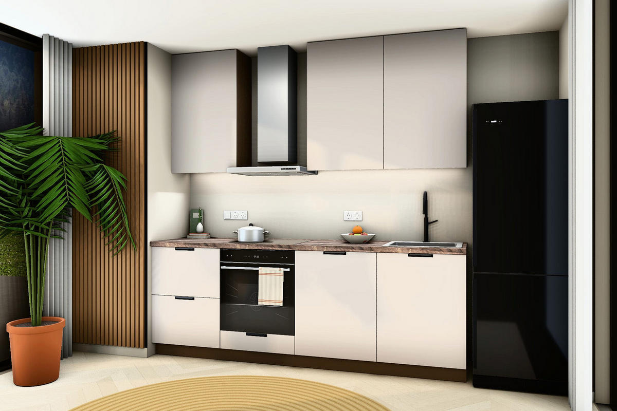 KÜCHENZEILE Sorento Beige & Dunkle Eiche – 240 cm – KÜ-SORENTOB-001 - Beige, Holzwerkstoff (240/247/52cm) - ROYAL24_MARKT