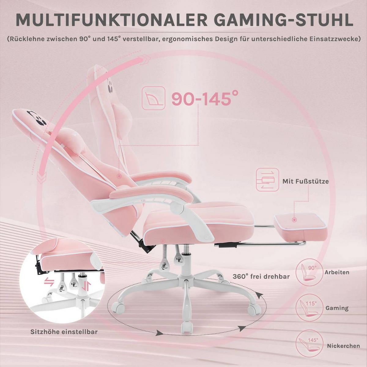 GAMINGSTUHL mit Taschenfederkissen, Netzstoff, Rosa - Weiß/Rosa, Textil/Metall (70/125.5/70cm) - Woltu