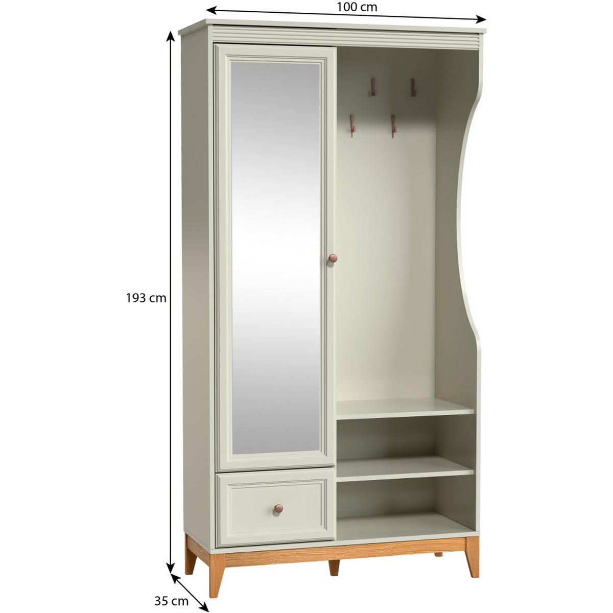 GARDEROBENSCHRANK Charlott mit Spiegel und Schublade, Kaschmir - Kaschmir/Eichefarben, Holz/Holzwerkstoff (100/193/35cm) - Beautysofa