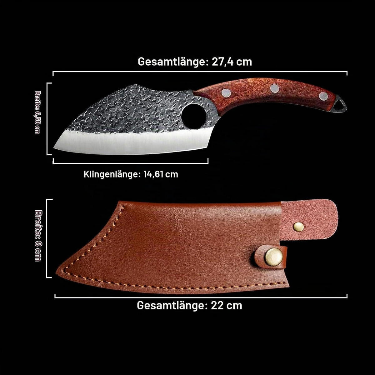 KÜCHENMESSER Universalmesser mit Holzgriff und Lederscheide - Silberfarben, Metall (27.4cm)