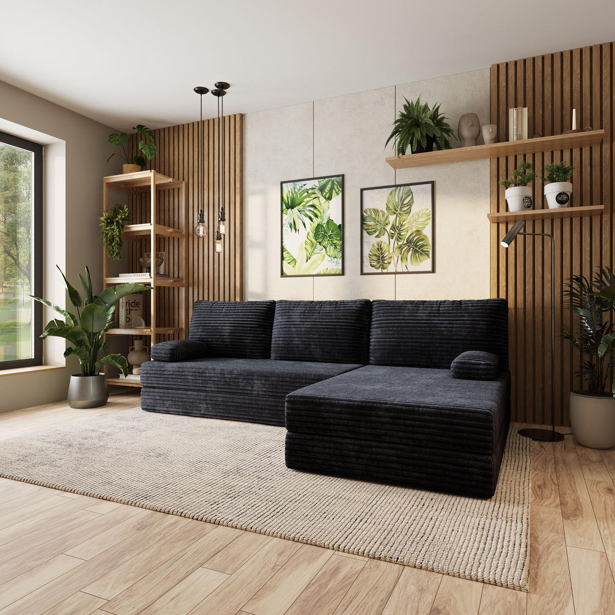 ECKSOFA ANKO modulares Boneless Sofa mit Schlaffunktion Schwarz Kordstoff - Schwarz, Textil (270/160cm) - MASSENO