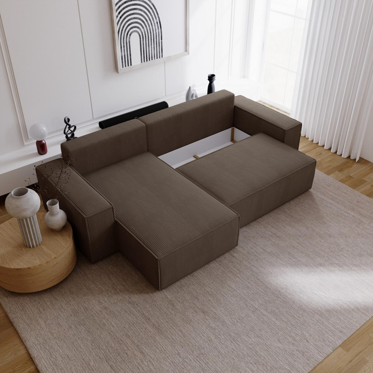 ECKSOFA Bergamo L mit Cordstoff, 280 cm, Schlaffunktion, Links - Braun - Braun, Holz (277/189cm) - Emporius
