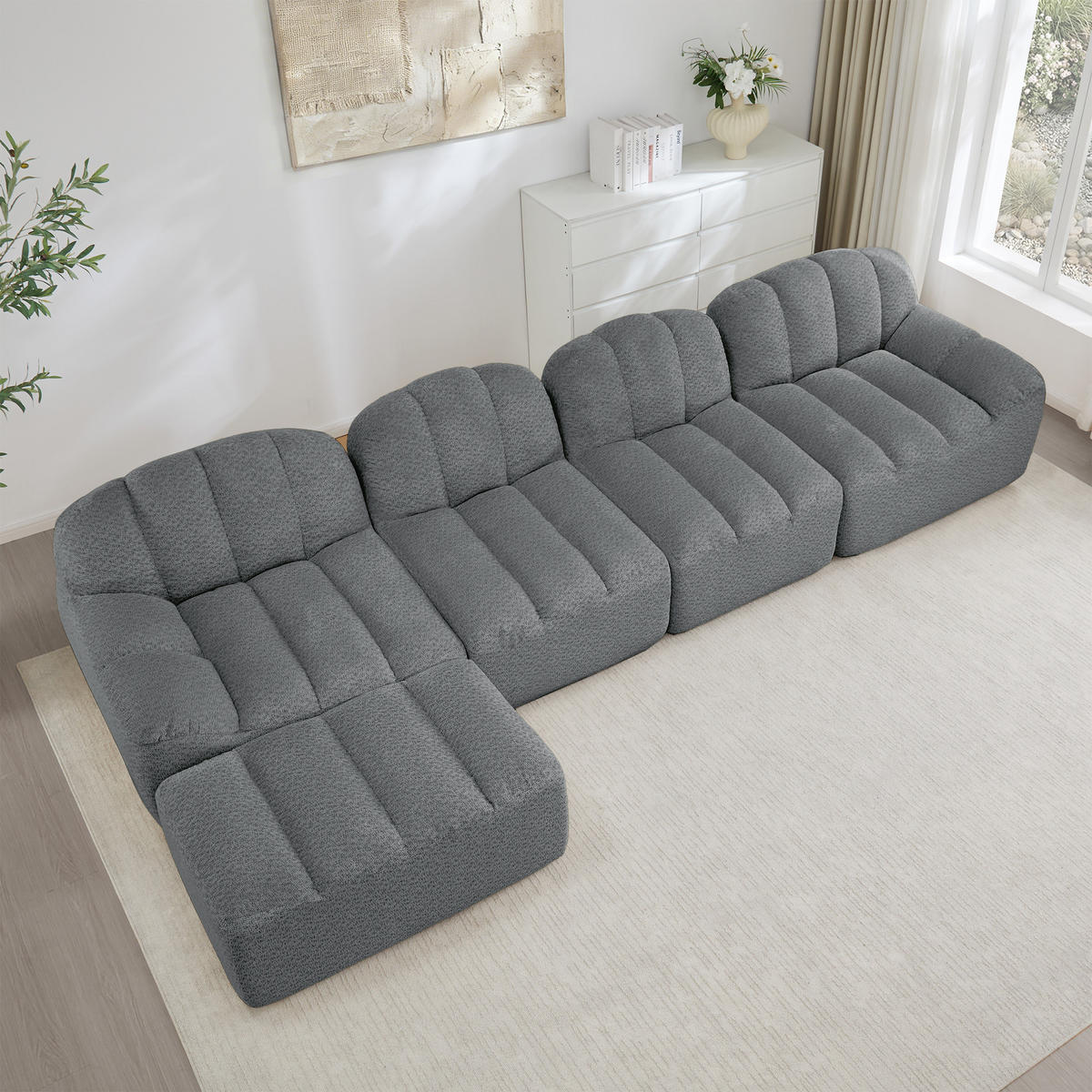 4-SITZER Sofa 366x165x79 cm aus granuliertem Fleece rahmenlos modular mit Ottoman, grau - Grau, Textil (165/79/366cm)