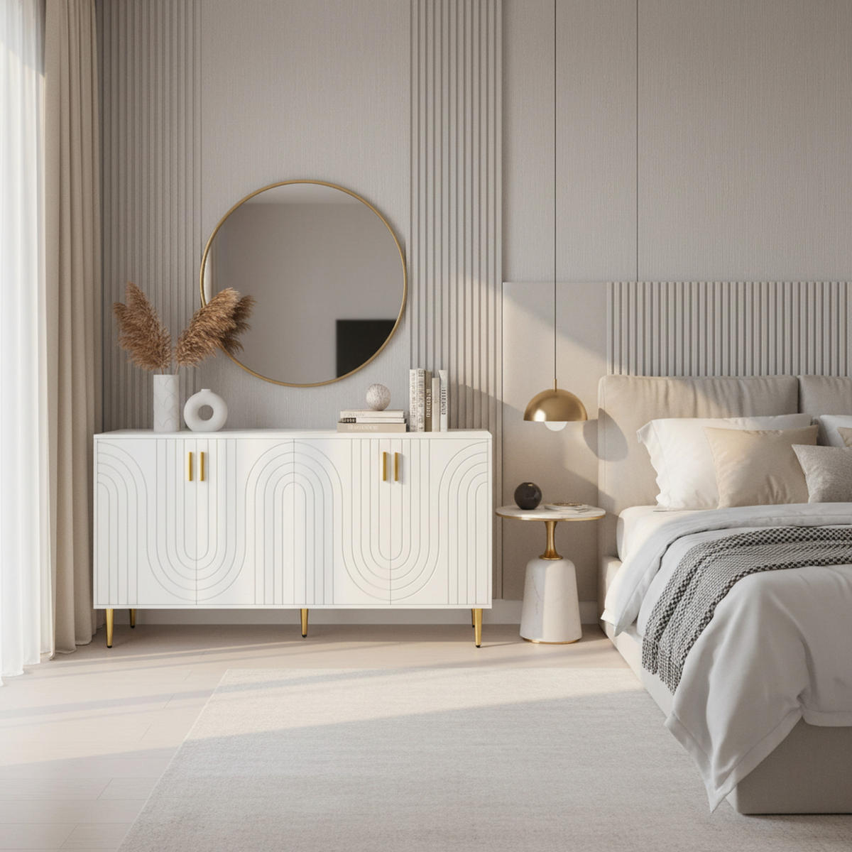 SIDEBOARD Wellenfront mit goldenen Griffen & Füßen Weißes - Weiß, Holzwerkstoff (152/75/40cm) - Urban Meuble