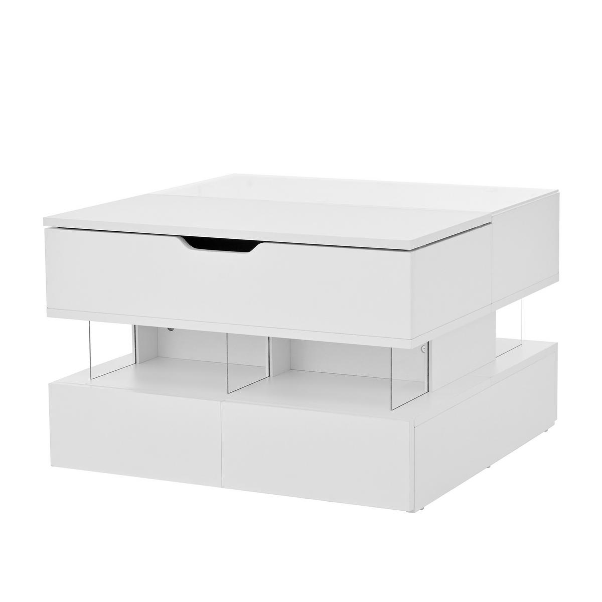 COUCHTISCH Weiß 70/67/57 cm höhenverstellbar mit LED und Glasplatte - Weiß, Holzwerkstoff (67/70/57cm) - PANGIVO