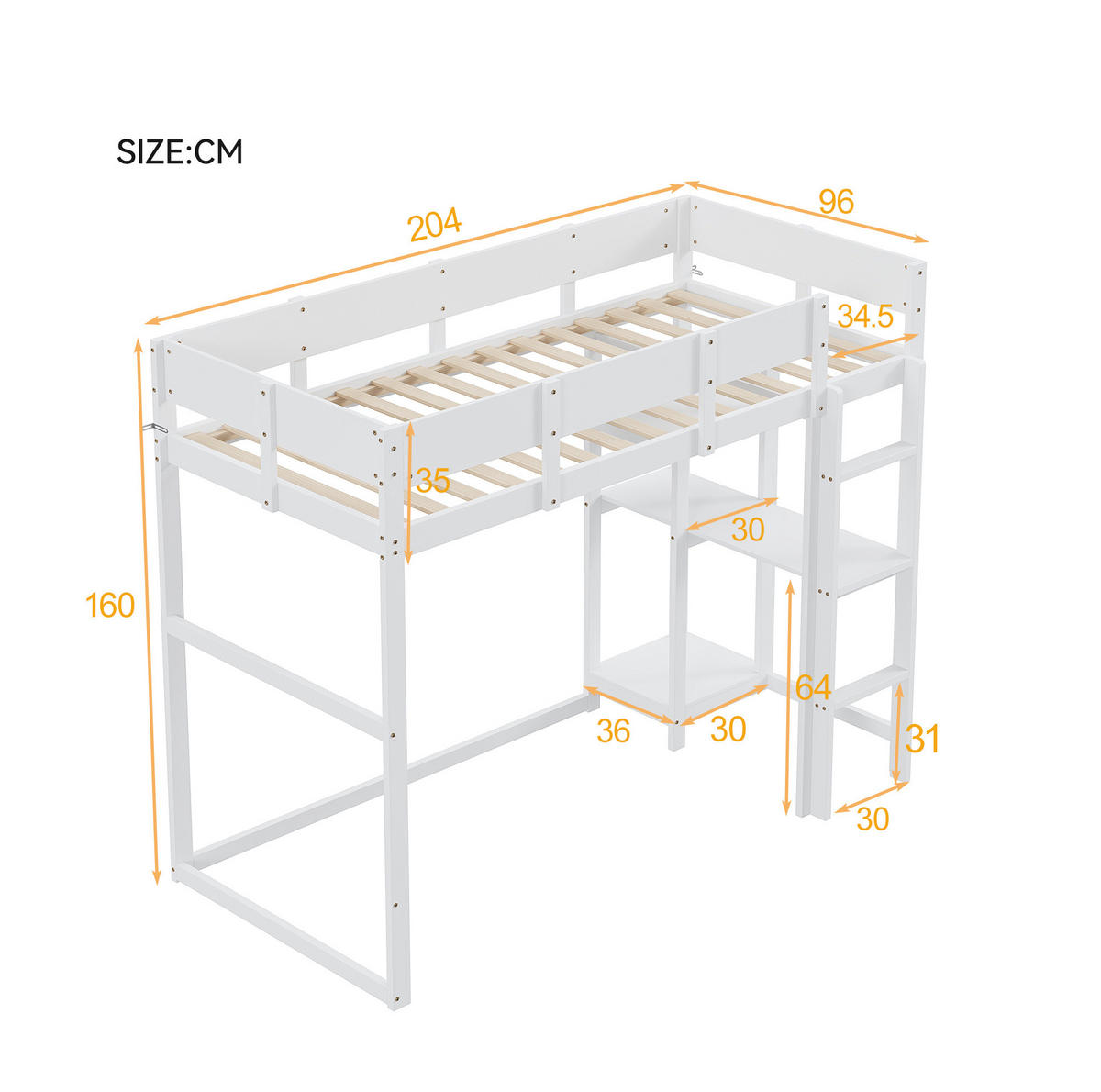 VISOKA postelja 90/200 cm bela z odlagalno polico iz bora - bela, les (90/200cm) - OKWISH